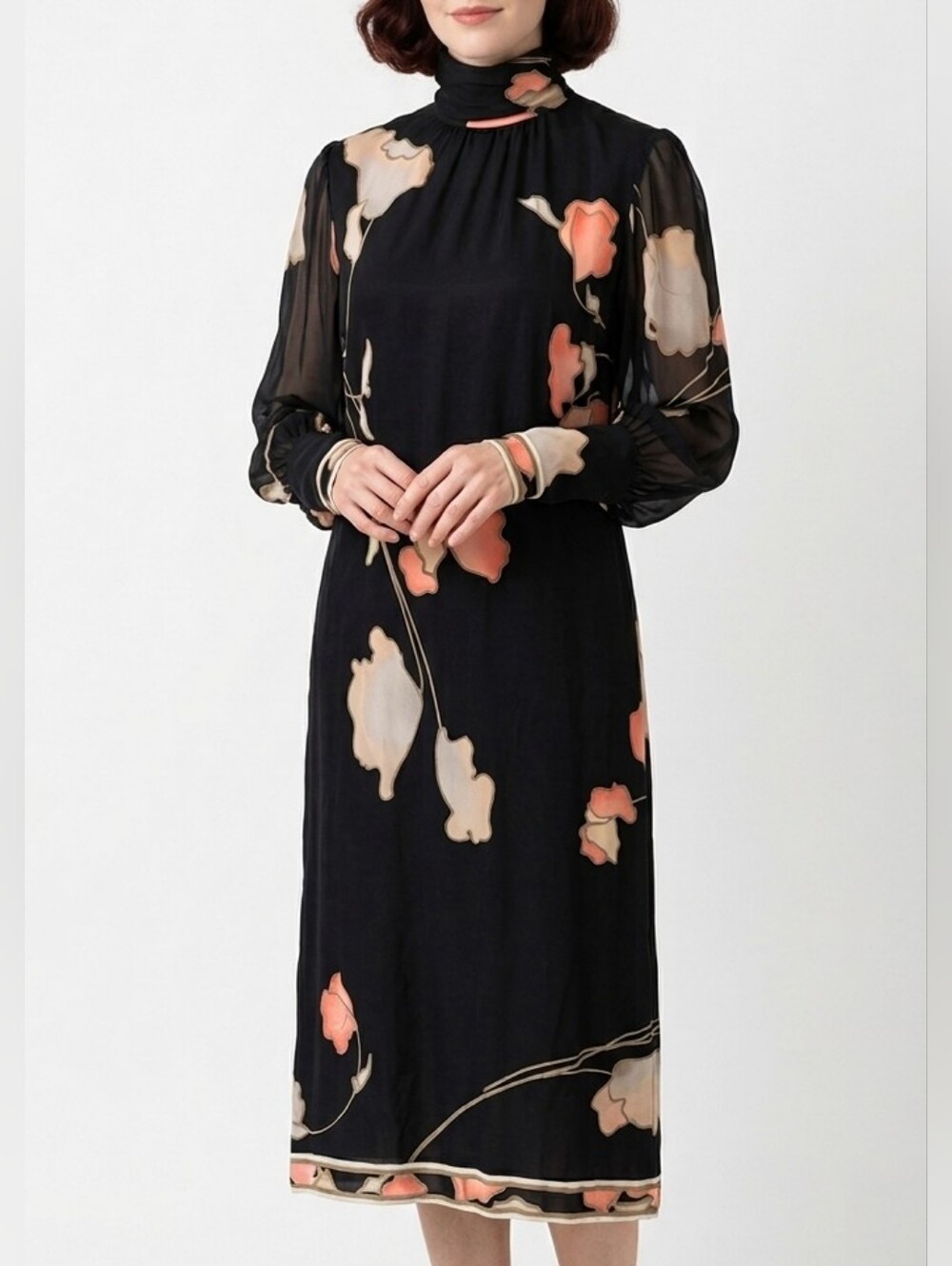 Vtg 70s Leonard Gidding Jenny Black Floral High-Neck Silk Jersey Midi Dress 10